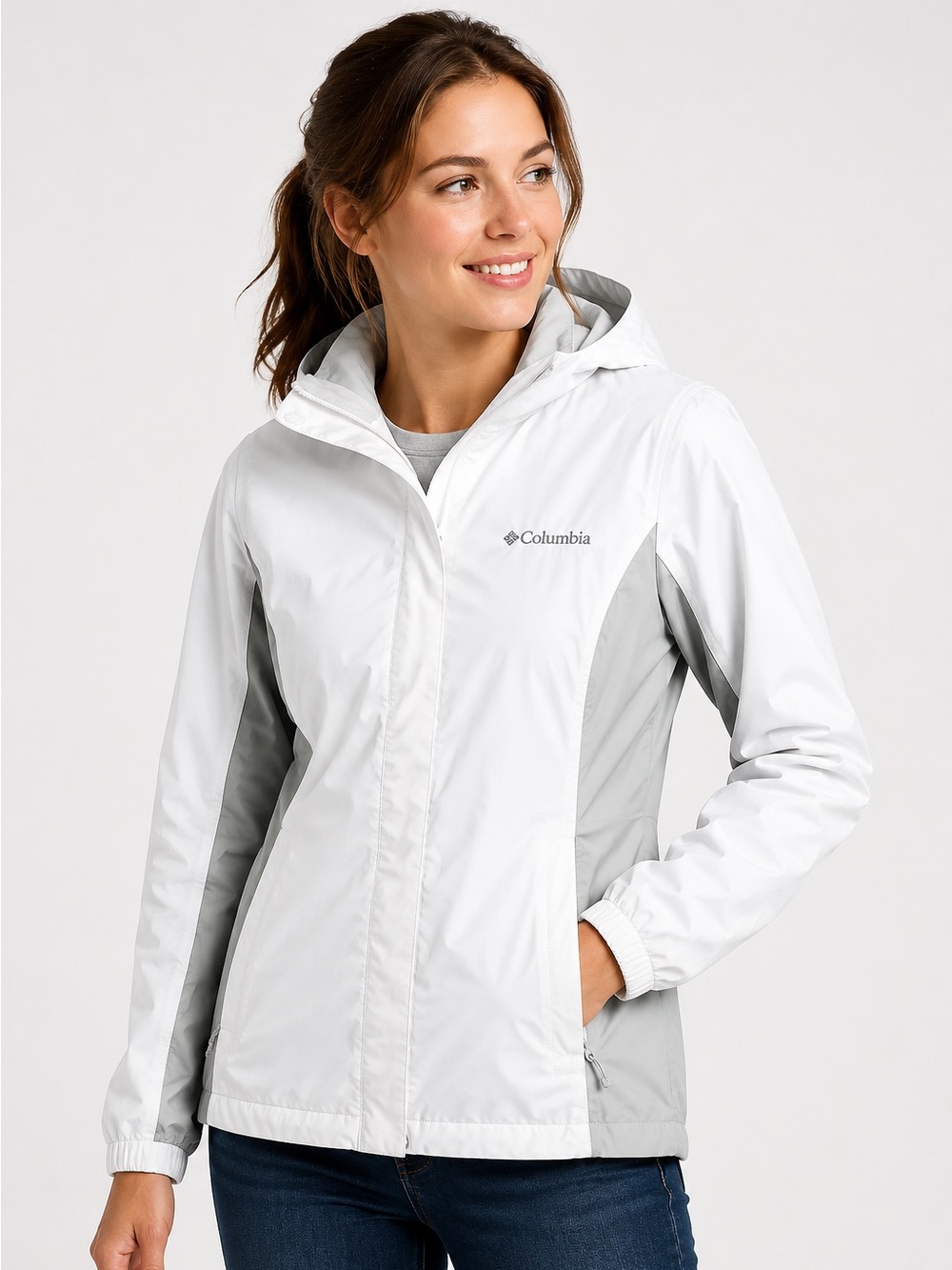 Columbia Omni-Tech Rain Jacket Womens M White Gray Hooded Waterproof Shell
